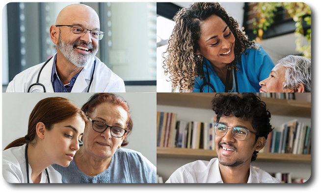 Four-panel carousel featuring healthcare providers and patients: a male doctor, a female nurse assisting an elderly patient, a clinician speaking with a patient, and a young man sitting in a library.